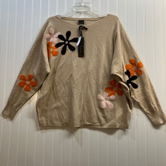 Aaeda Sweaters - Aaeda Womens XL Floral Applique Oversized Sweater Tan Beige Whimsical Artsy BOHO